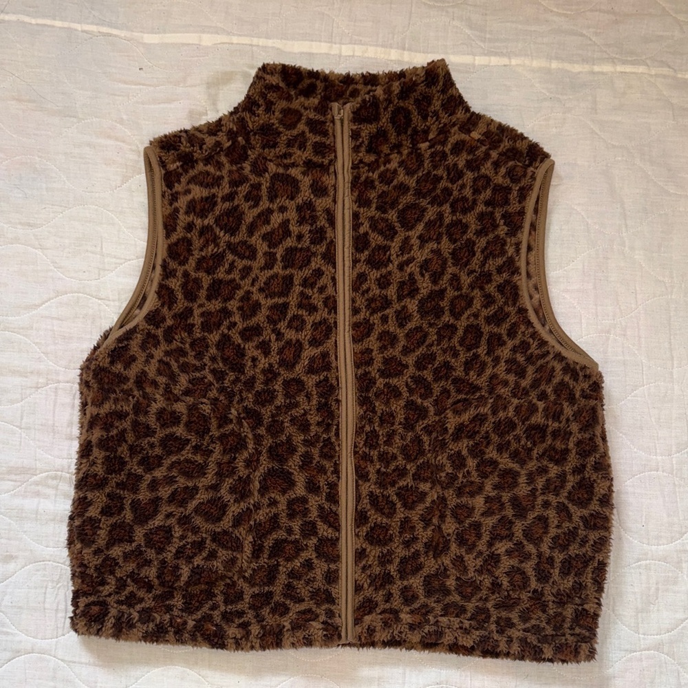 Leopard Print Sherpa Vest - Brown